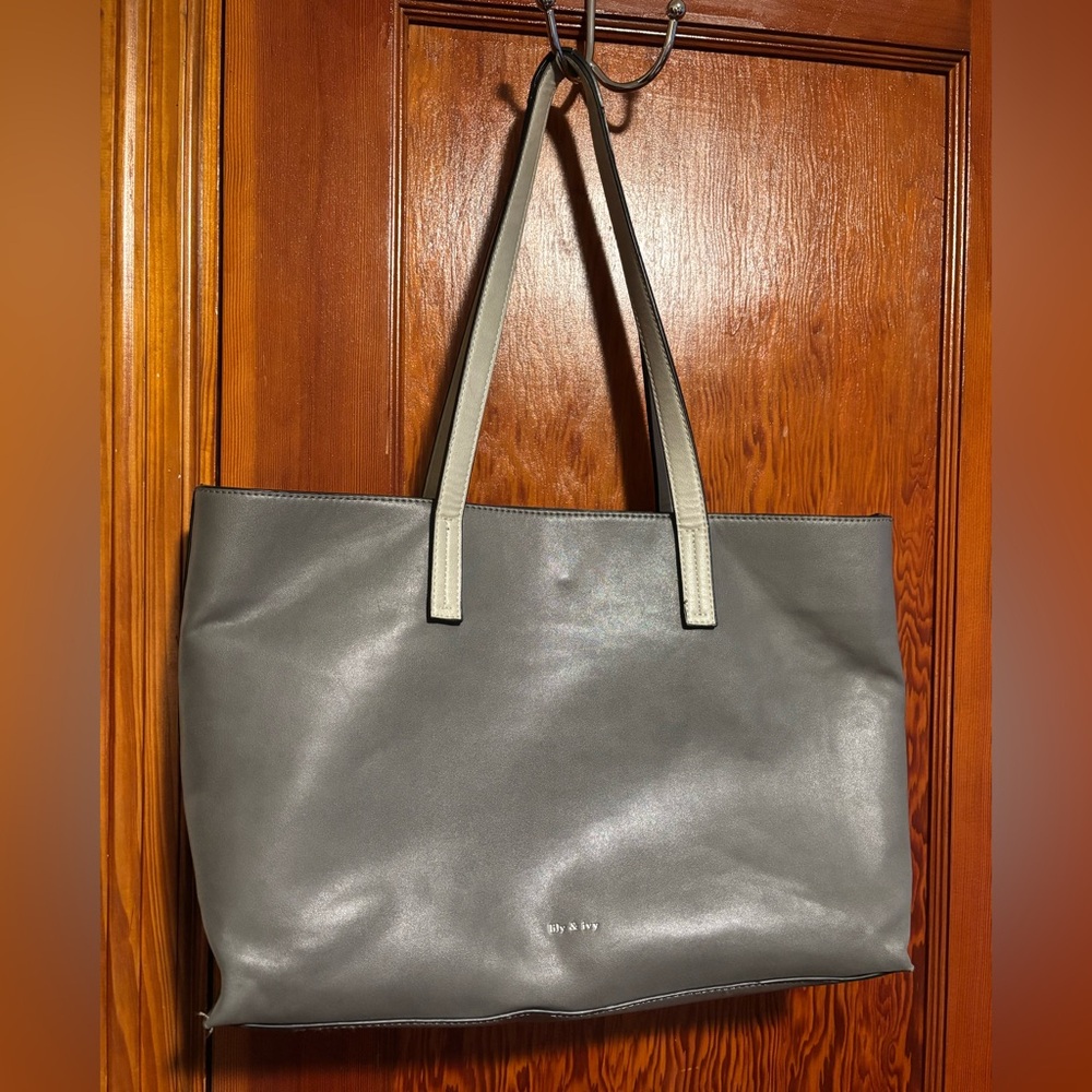 LILY & IVY Gray Leather Tote Bag with Navy Suede Front Pocket